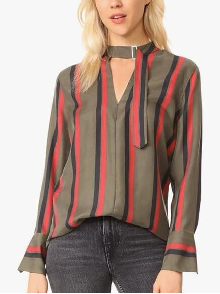 Equipment Janelle Silk Blouse Tie Neck Striped V Neck Career Office Chic Top Xs